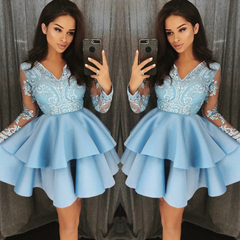 

Tiered A-Line Homecoming Dresses Light Blue V-Neck Satin Above Knee 2018 Prom Dress Long Sleeves Lace Appliques Short Cocktail Dresses, Champagne