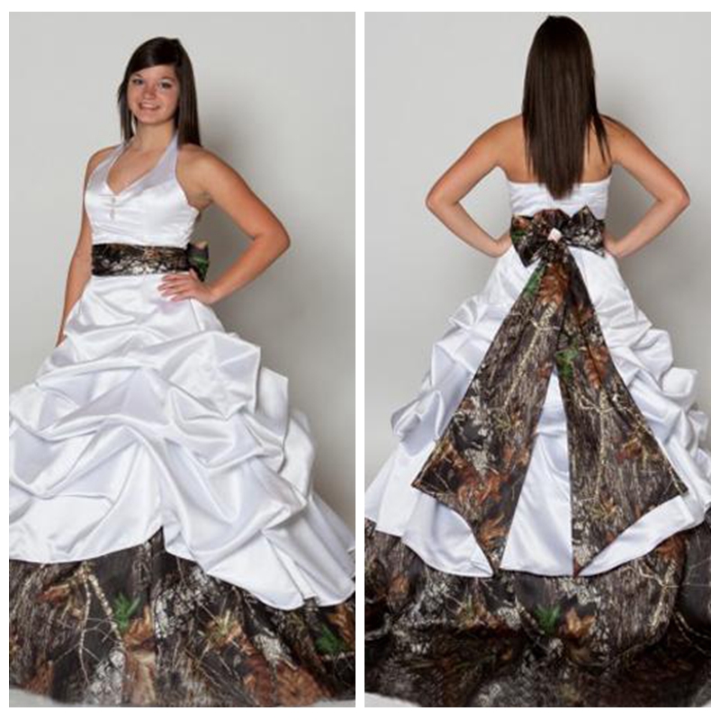 

Halter Ball Gown Camo Satin Wedding Dresses Draped With Bow Back Bridal Gowns Camouflage Ribbon 2018 Formal Wedding Gown Plus Size, White