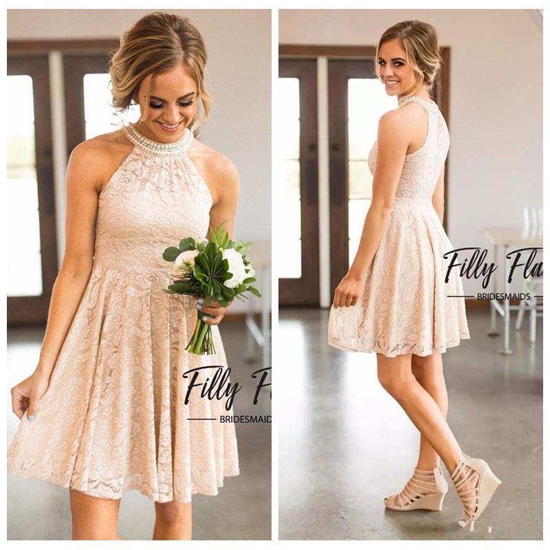 

O-Neck Full Lace Short Bridesmaid Dresses Beaded With Pearls Collar Jewel Neck Zipper Back Western Maid of Honor Dresses