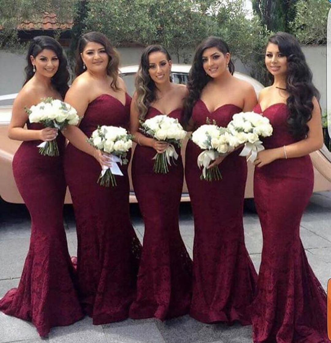 

2019 Gorgeous Burgundy Lace Bridesmaid Dresses Sweetheart Neck Full Lace Sweep Train Wedding Guest Gown Mermaid Custom Made Hot Sale