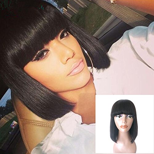 

Human Hair Bob Wigs with Bangs Brazilian straight Glueless 360 lace frontal wig pre plucked 180%density blunt cut diva1, Natural color