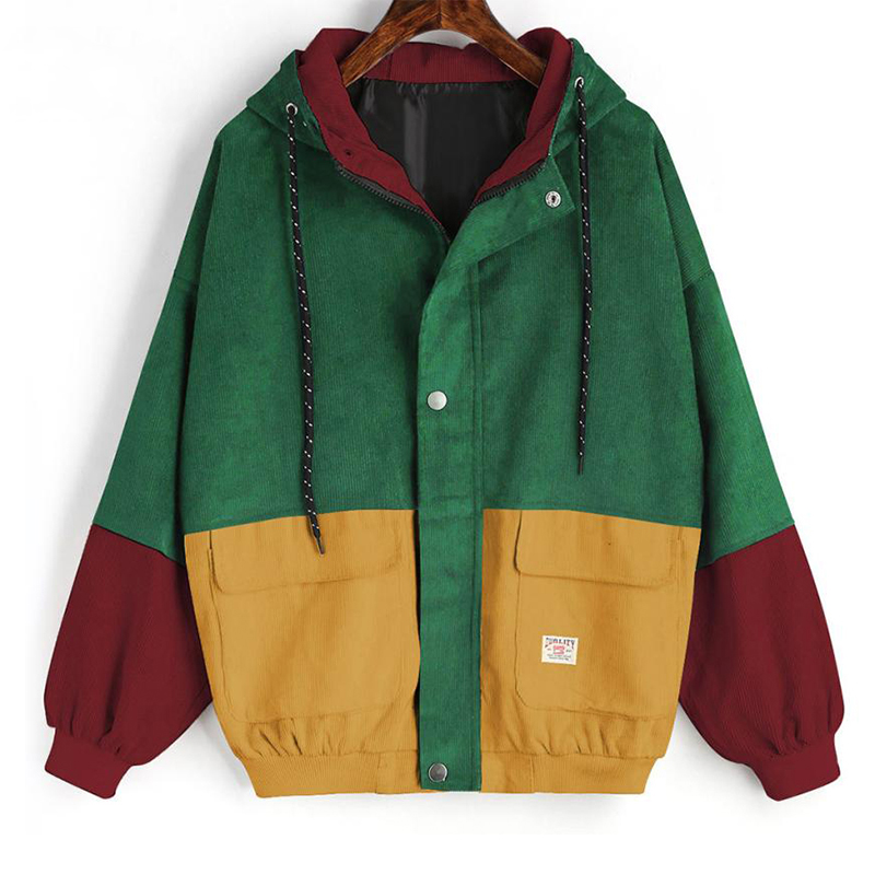 

block Long Sleeve Corduroy Women jacket Patchwork Autumn Jacket jeans jacket women plus size women coat, Black;brown