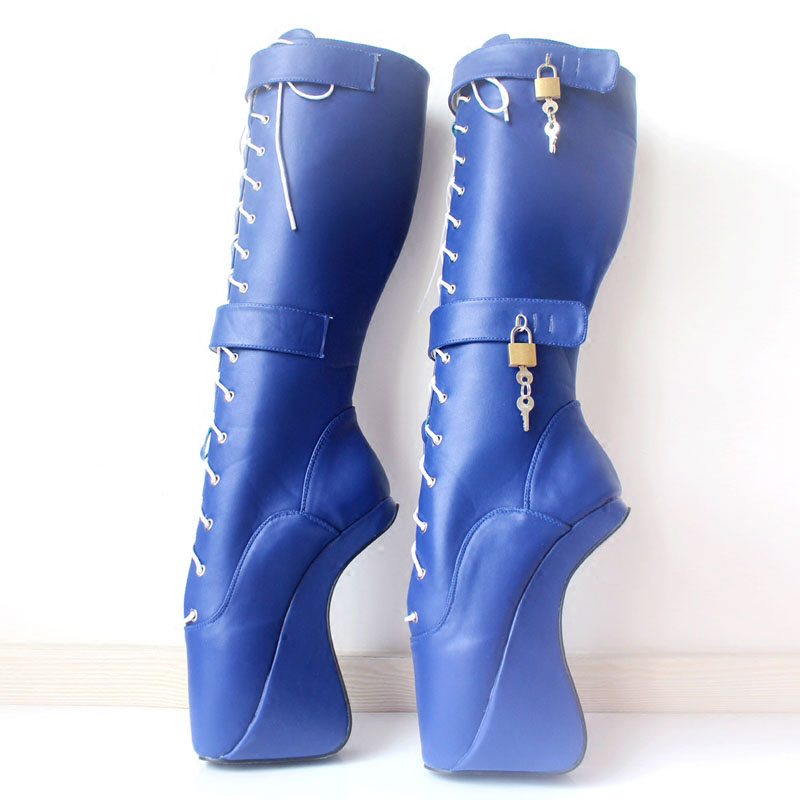 

DHL Free Shipping 2018 NEW 18cm/7" Ultra High Hoof Heels Wedge Padlocks Fetish Sexy Pinup Cross-tied Knee-High Ballet Boots for Pole Dancing, White shiny