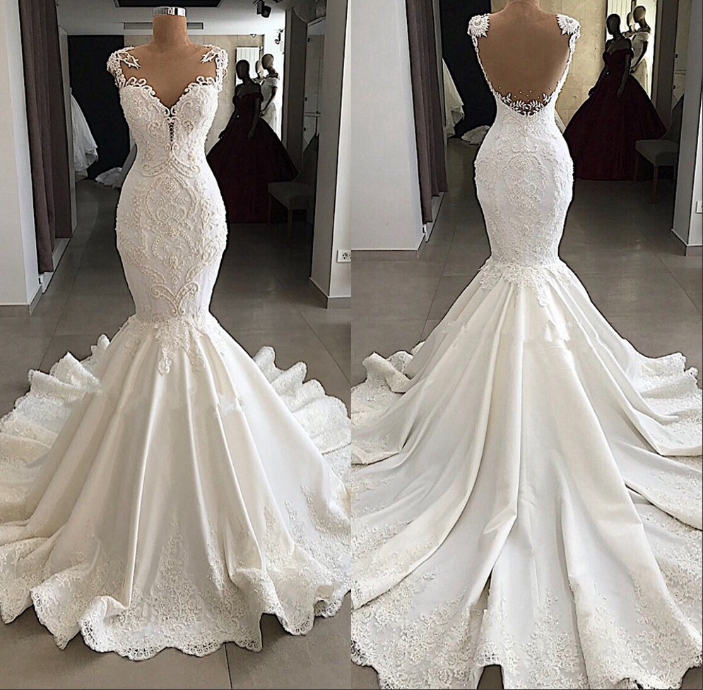 

Sheer Mesh Top Lace Mermaid Wedding Dresses Satin Applique Beaded Seen Through Back Sweep Train Wedding Bridal Gowns, Red