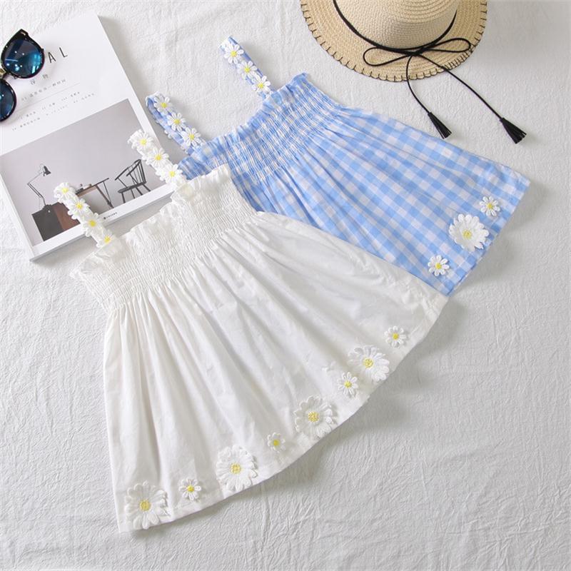 

New summer child Kids daisies sunflowers dresses girls Pink Blue white plaid Sling Dress Baby Girls Sleeveless beach Dresses