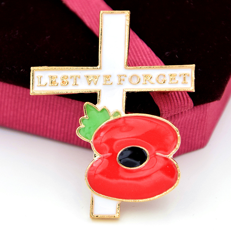 Lest We Forget Red Poppy Flower Cross Brooches Pin For Women Men Suit Shirt Broach Lapel Pin Badge Enamel Breastpin UK Style Remembrance Day-image-419326640