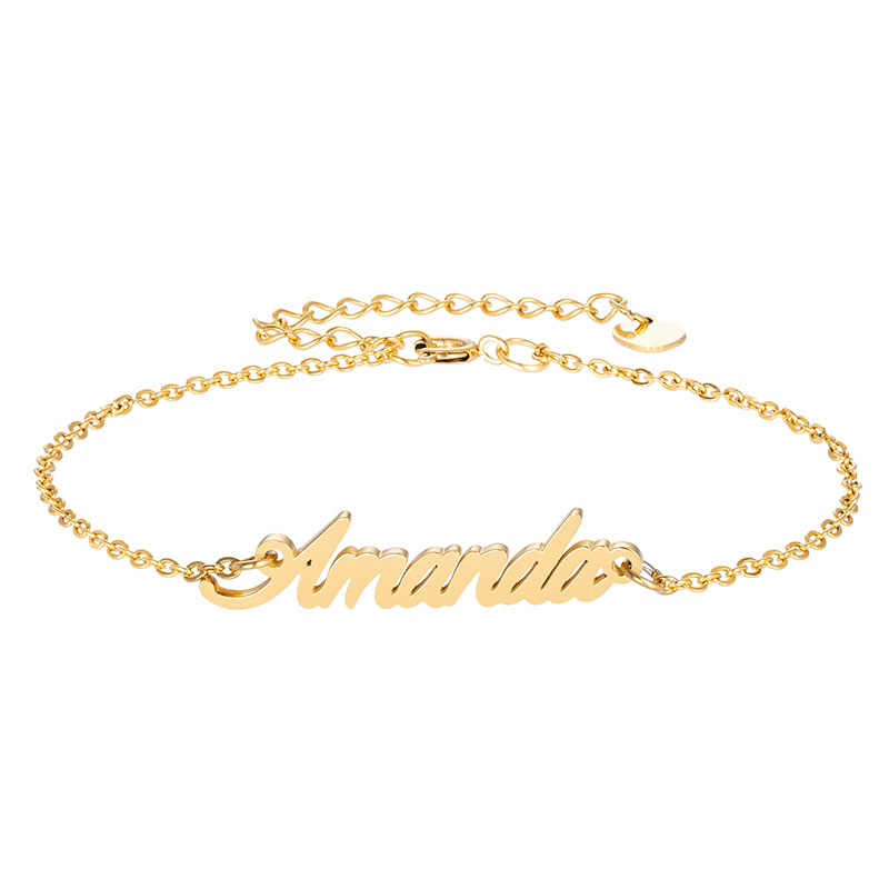 Stainless Steel Engrave Script Name " Amanda " Charm Bracelets for Women Personalized Custom Bracelet Charm Link Christmas Gift-image-426142826