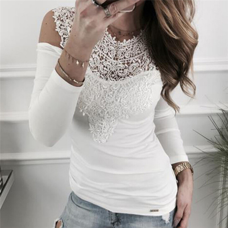 

Casual Solid Cold Shoulder Tees Spring Summer Women Tops Women Sexy Lace Hollow Out Long Sleeve T-shirt Tops, Black