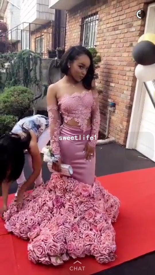 

Unique 2019 Pink 3D Flora Applique Bottom Prom Dresses Two Piece Long Sleeve Stain South Africa Style Formal Evening Occasion Dresses, Water melon