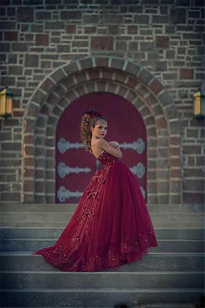 

Burgundy Tulle A-Line Girls Pageant Party Dresses Sweetheart Sparkly Beaded Attractive Wedding Party Dress for Little Girls Back Bow, Silver