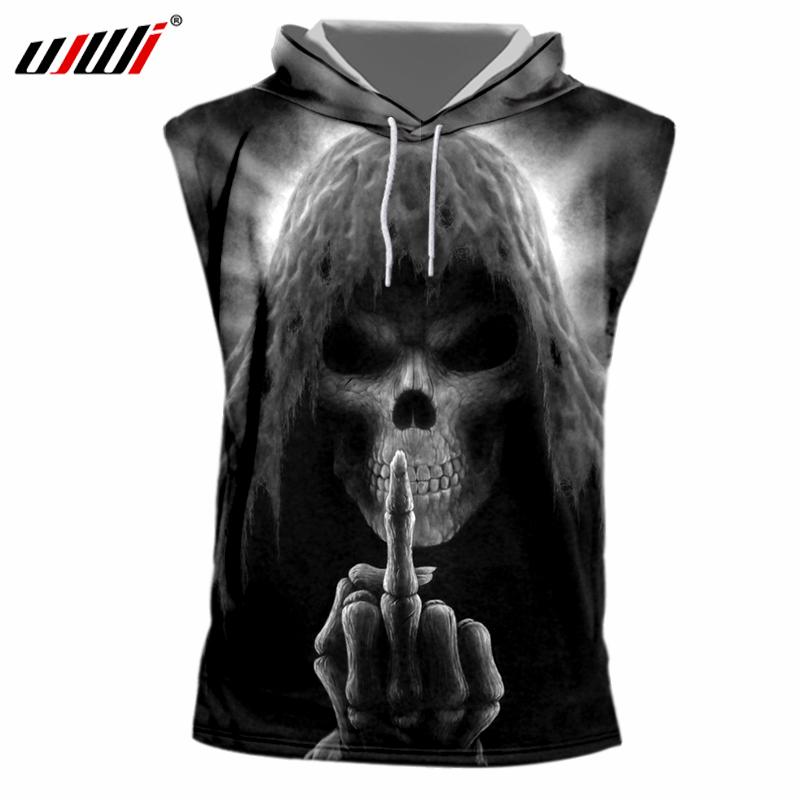 

2018 Summer Tanks Men' Cool Print Death Skull 3D Tank Top With Hood Man Hiphop Sleeveless Hoodie Undershirt Big Size 7XL