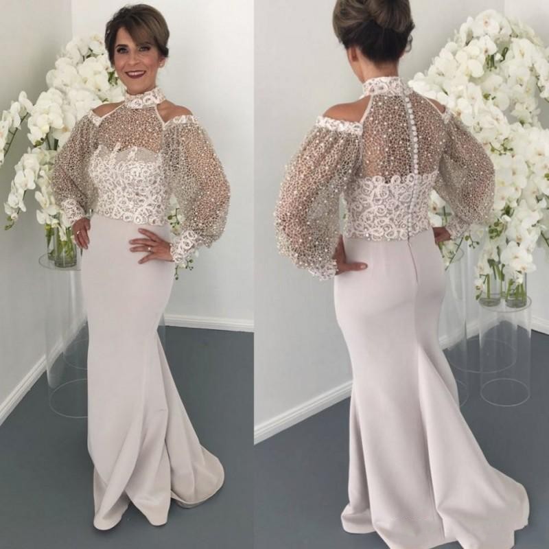 

2019 Elegant High Neck Lace Mother Of The Bride Dresses Long Sleeves Mermaid Wedding Guest Dress Plus Size Formal Evening Party Gown