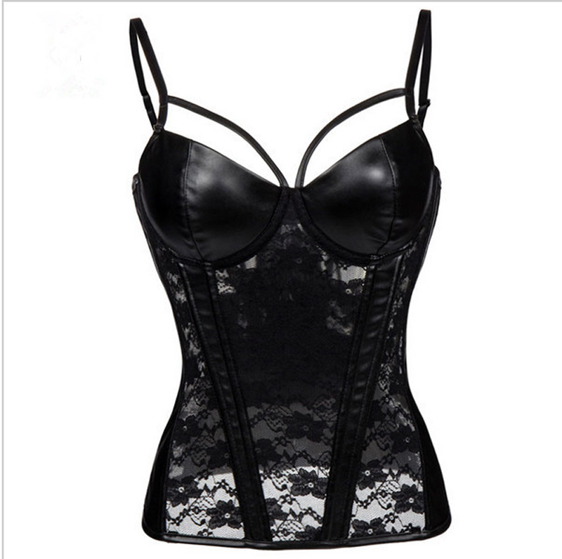 

Women Black Faux Leather Corset Transparent Lace Patchwork Bustier Sexy Spaghetti Straps Adjustable Body Shaper Corselet, Black;white