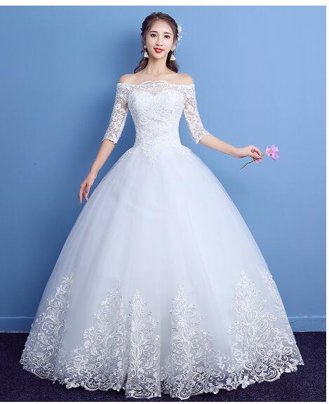 

Korean Lace Half Sleeve Boat Neck Wedding Dresses 2018 New Fashion Elegant Princess Appliques Gown Customized Bridal Dress, White