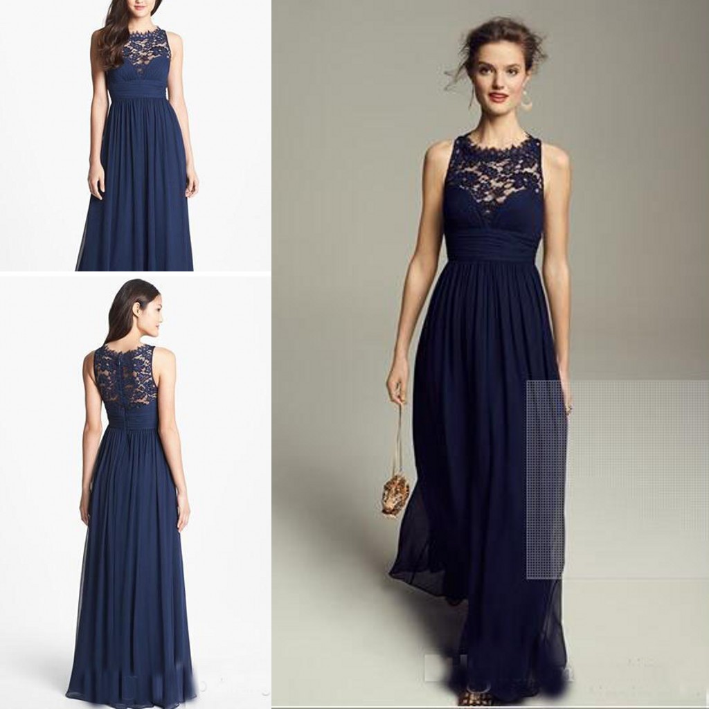 2018 Navy Blue Lace And Chiffon Long Bridesmaid Dresses For Wedding Party Country Jewel Floor Length Cheap Prom Formal Gowns