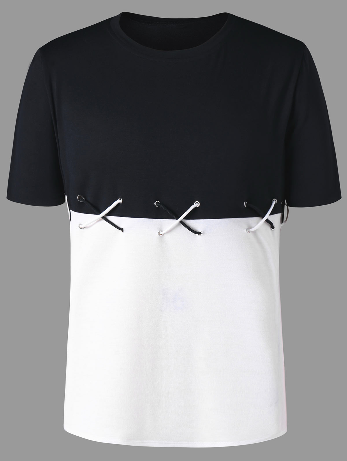 

2018 Summer New Fashion Color Block Lace Up T-Shirt Crew Neck Short Sleeve Tee Men'S T Shirt Casual Tee Shirt Men Clothing -2XL, White and black