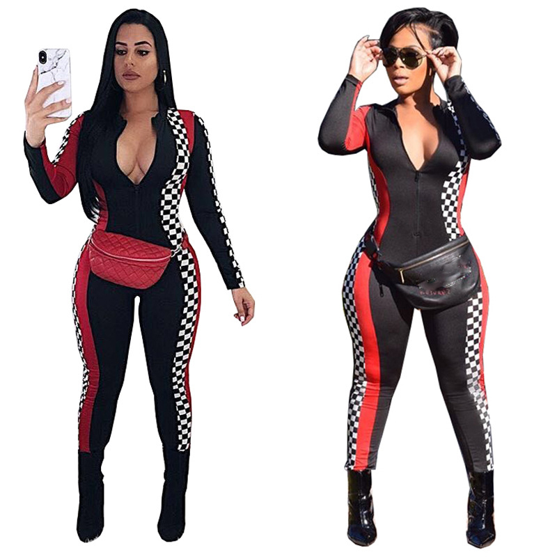 

2018 Sexy Bodycon Jumpsuit Color Block Checkerboard Rompers Motor Sporting Spandex Overalls Women One Piece Outfit, Black