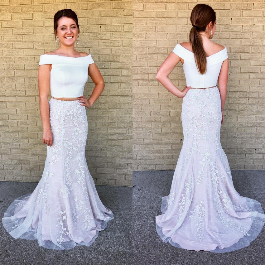 

Two Piece White Mermaid Prom Dresses 2018 Newest Off Shoulder Satin Lace Long Prom Dresses Homecoming Dresses Graduation Dress, Black