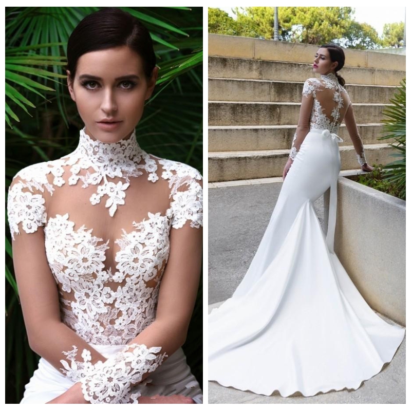 

2018 Elegant Hign Neck Lace Appliques Slim Mermaid Wedding Dresses See Through Back Sheer Long Sleeves Fitted Cheap Bridal Gowns, Red