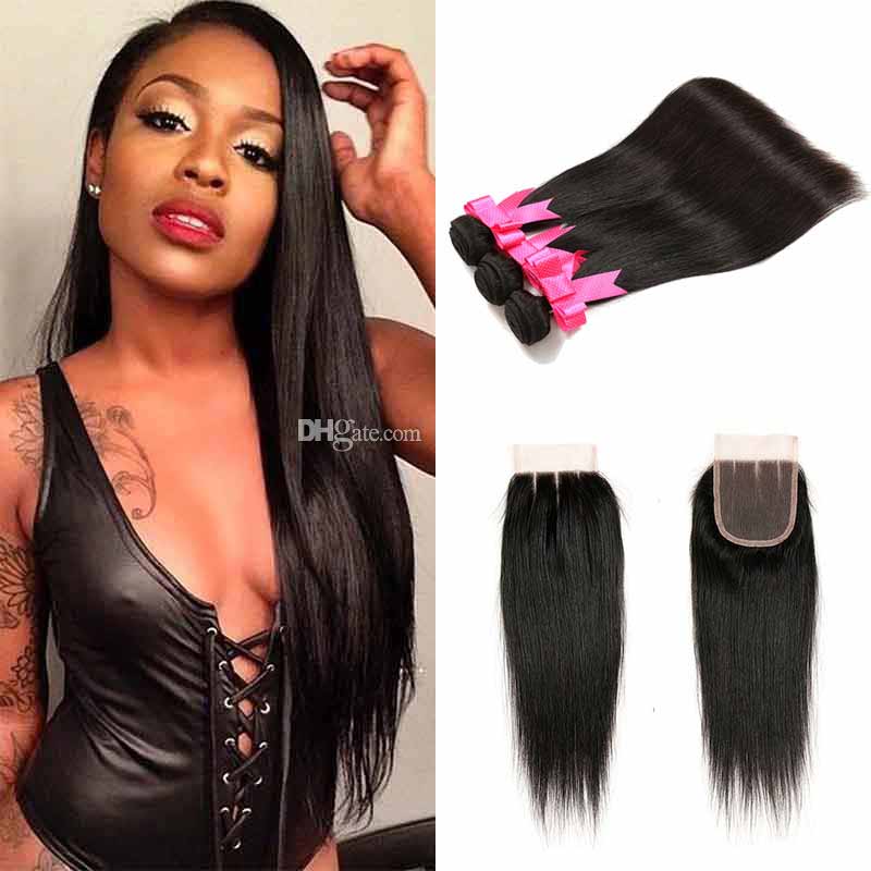 

Brazilian Straight Hair 3 Bundles With Closure Cheap Brazilian Human Hair With Closure Unprocessed Virgin Hair Vendors Weaves Wholesale, Natural color