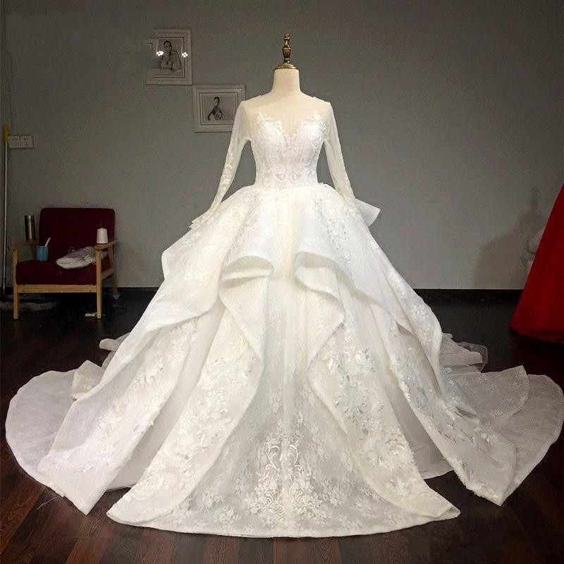 

Gorgeous Ball Gown Wedding Dresses Sheer Neckline Layered Bridal Gowns 2020 Long Train Sexy Open Back Long Sleeves Wedding Dress, Ivory