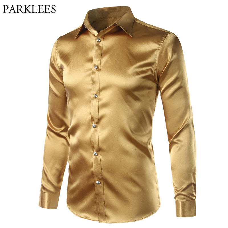 

New Gold Silk Satin Shirt Men Slim Fit Long Sleeve Dress Shirts Mens Emulation Silk Shirt Male Night Club Party Prom Camisas 3XL, Coffee