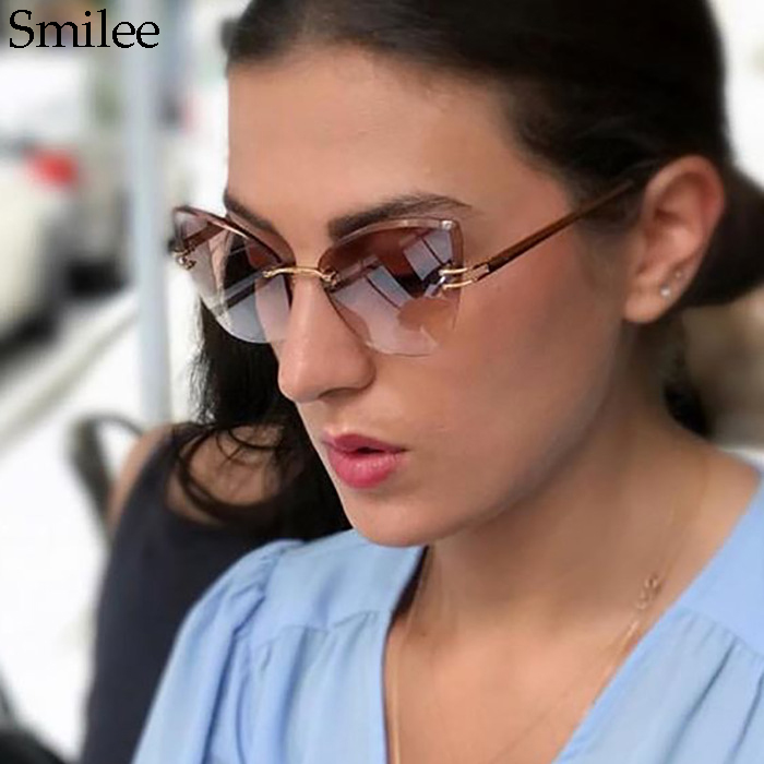 

2018Brand Diamond Cut Cat Eye Sunglasses Women Fashion Cat's eye Style Rimless Metal Crystal Sun Glasses Womano 0142