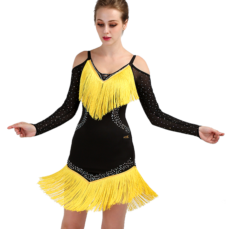 

Customized Latin Dance Dress Latin Competition Dresses Flapper D0464 Net Long Sleeve Yellow with Tassel Hem Bulk Rhinestones