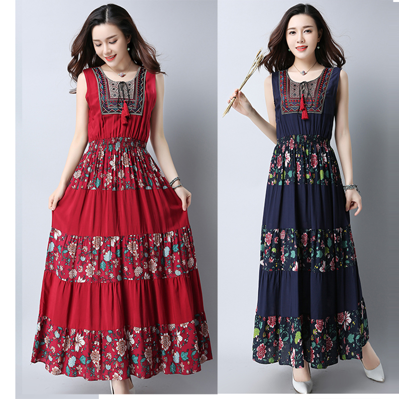 Robes d'été Les femmes sans manches s'habillent décontractée A-Line robe longue en coton et lin Robe de soirée