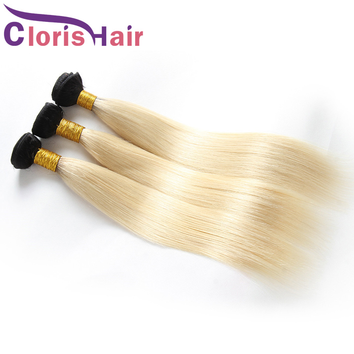 

1B 613 Colored Silk Straight Human Hair Weave 3 Bundles Platinum Blonde Brazilian Virgin Extensions Blond Ombre Double Machine Weft Healthy Tips, T1b/613