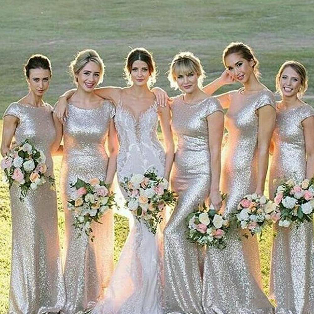 

Sliver Bridesmaid Dresses Short Sleeve Jewel Sequins Bling Bling Mermaid Maid Of Honor Dresses Floor Length Wedding Party Dresses 2018