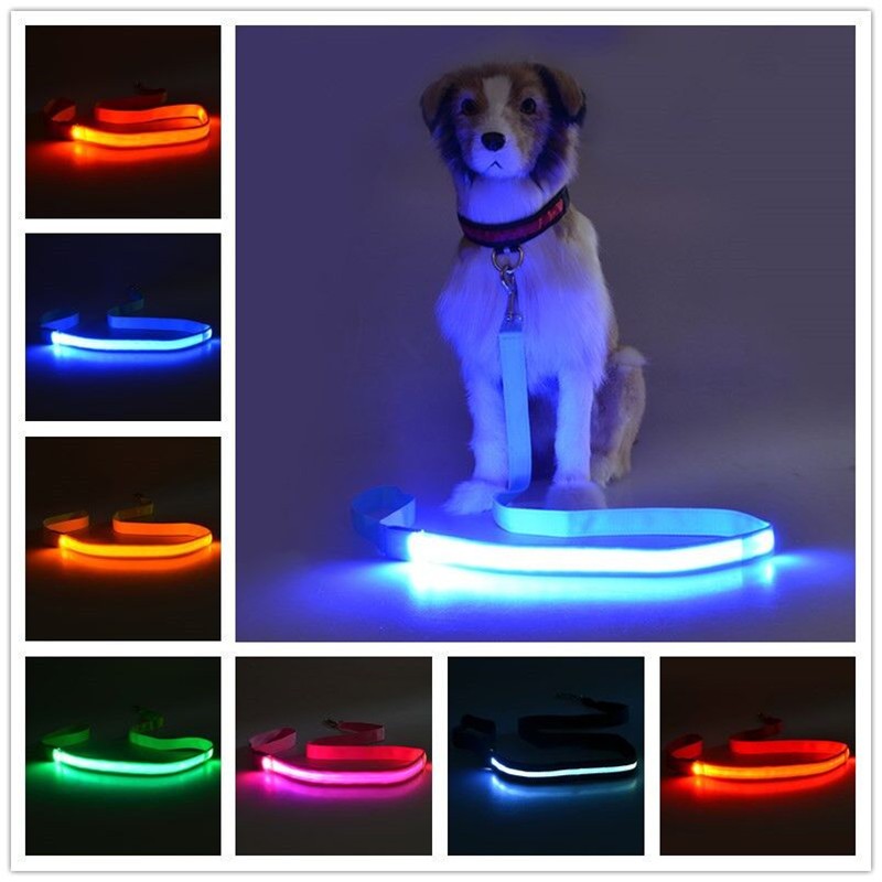 

Nylon Weave Dog Collars And Leashes Glow LED Flashing Light Pet Leash Tether Traction Belt Environmental Protection Chain Rope