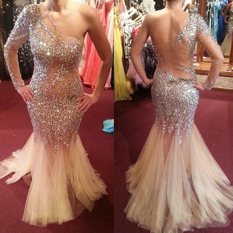 

Shining Beaded One Shoulder Prom Dresses 2018 Soft Tulle Mermaid Evening Gowns With One Long Sleeve Champagne Cocktail Formal Party Dress, Light purple