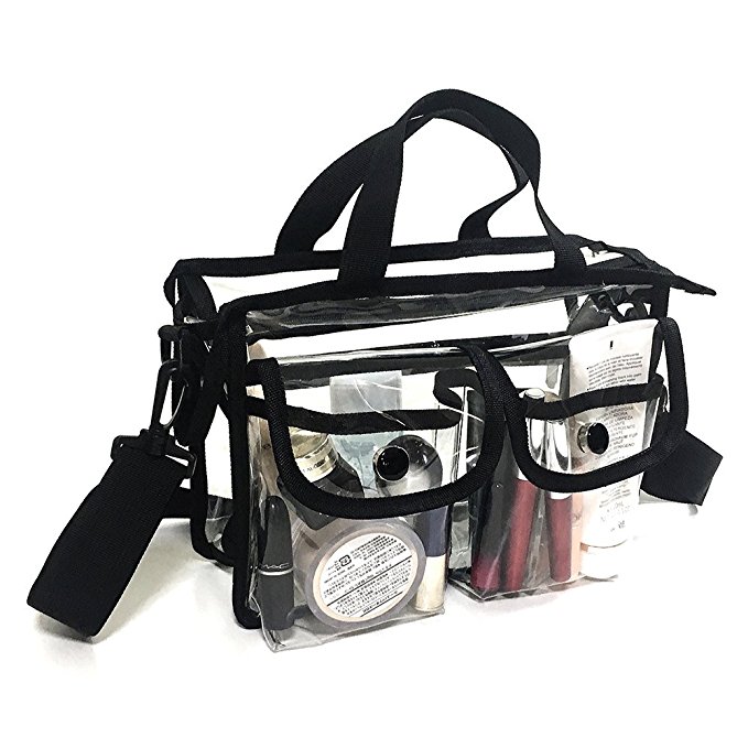 

Clear pvc bag cosmetic bags case with removable and adjustable shoulder strap , EVA purses handbag tote bags for work, sports games, Black