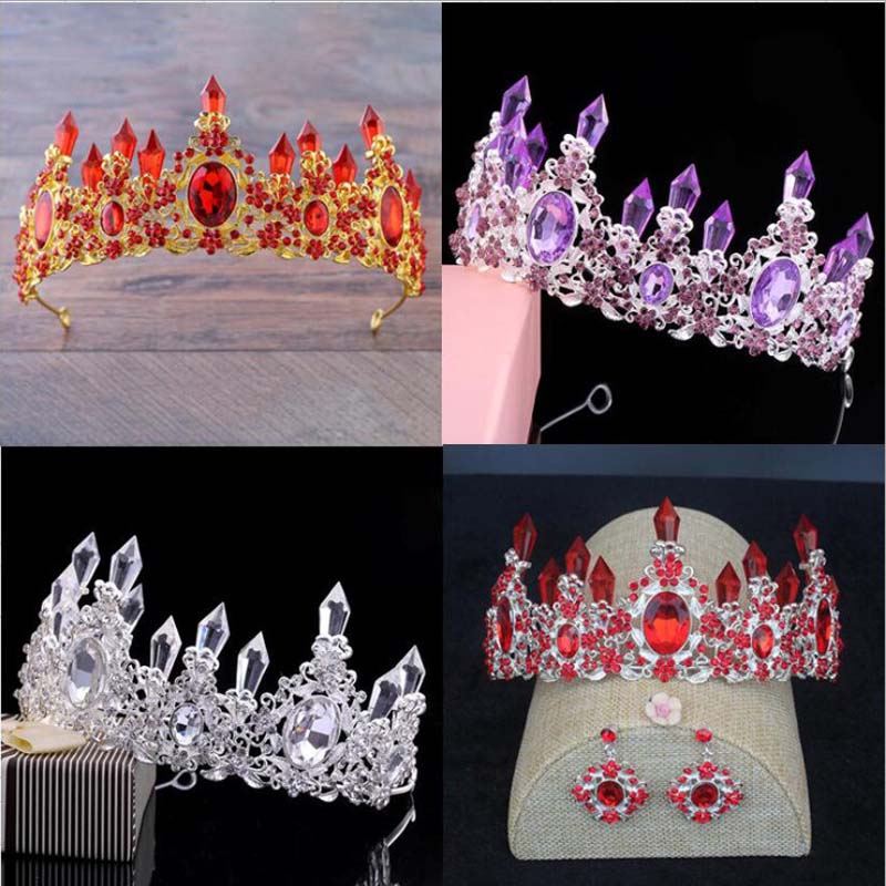 1Set Luxury Baroque Simulated Red Purple Wedding Jewelry Set Silver Color Crystal Bride Crown Tiara Earring Sets Jewelry-image-415867916