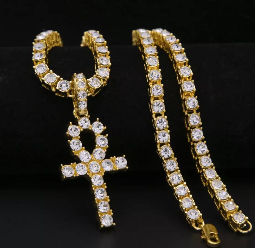 

2018 Iced Out Egyptian Key Pendant Necklace Gold Plated Hip Hop Black Crystal Cuban Link Chain Men Jewelry Accessories 5.5mm 24in