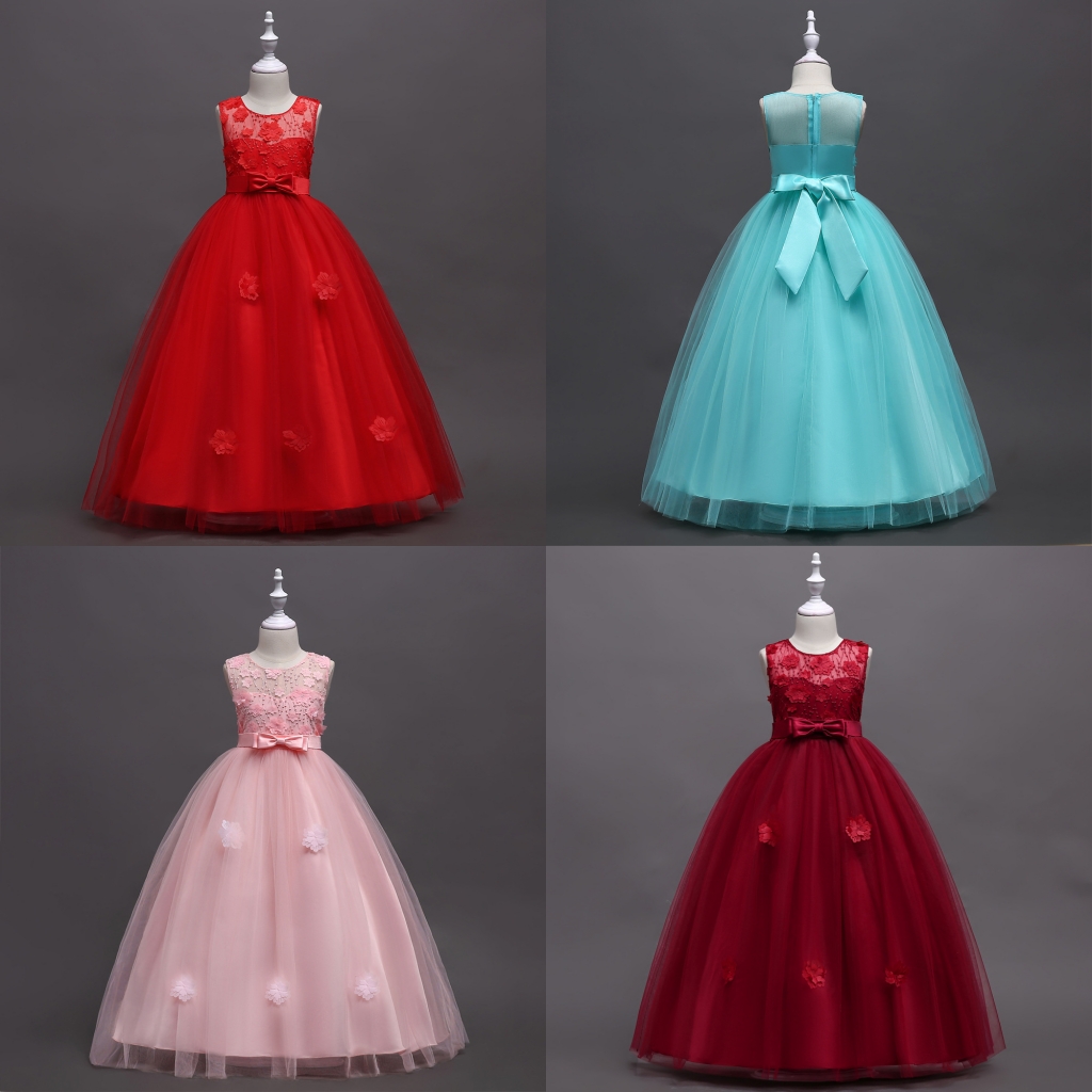 

2018 Cute Pink Ball Gown Flower Girls Dresses Sheer Jewel Neck Red Hand made Flowers Sleeveless Bow Sash Cheap Girls Pageant Dresses MC1497
