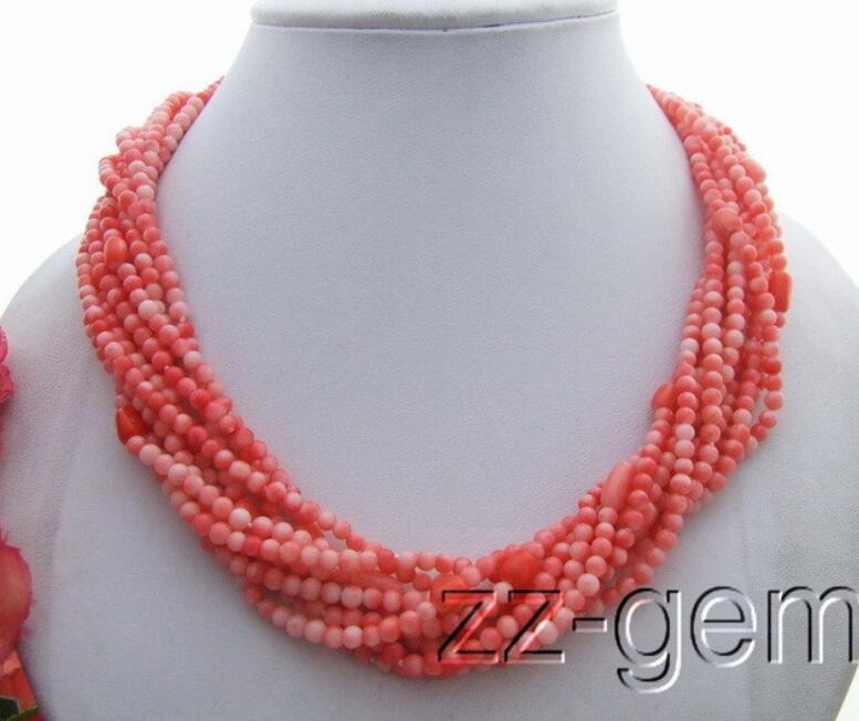 

9Strds Pink Coral Necklace, Silver
