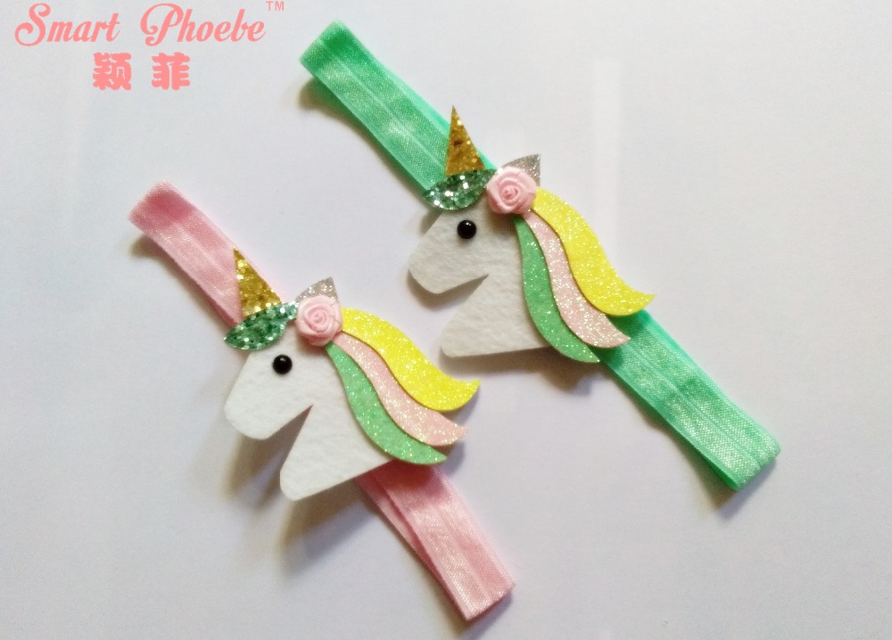 

Boutique 10pcs Fashion Cute Felt Floral Unicorn Soft Hairbands Kawaii Solid Glitter Uncorn Horse Elastic Headbands Headware Accessories, Red