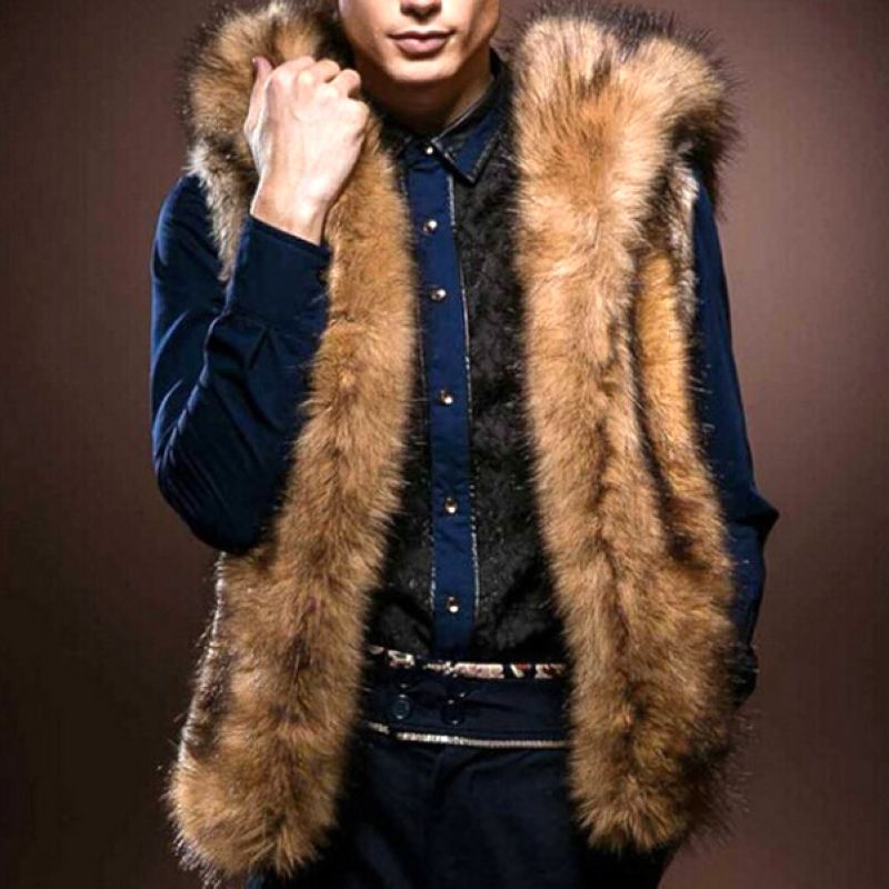 

CAF430 NEW CHEAP HOODED MEN LUXURY FAUX FUR COAT M-3XL FLUFFY COAT FAKE FUR COATS VEST SHAGGY COAT GILET