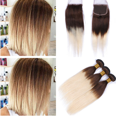

Two Tone #4/613 Blonde Ombre Front Lace Closure 4x4 with 3Bundles Straight Brown and Blonde Ombre Virgin Malaysian Human Hair Weft Weaves
