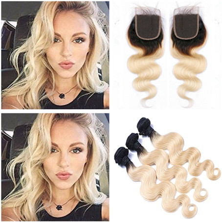 

#1B/613 Blonde Ombre Virgin Peruvian Hair 3Bundles Deals with Closure Body Wave Peruvian Human Hair Weaves Extension with 4x4 Lace Closure