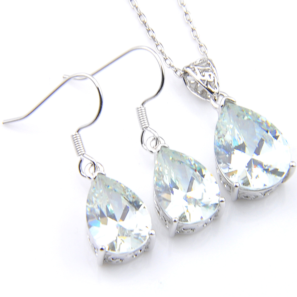 

LuckyShine Wholesale 5 Sets Water Drop White Topaz Gems Earrings and Pendant Silver Necklace Women Fashion Wedding Sets