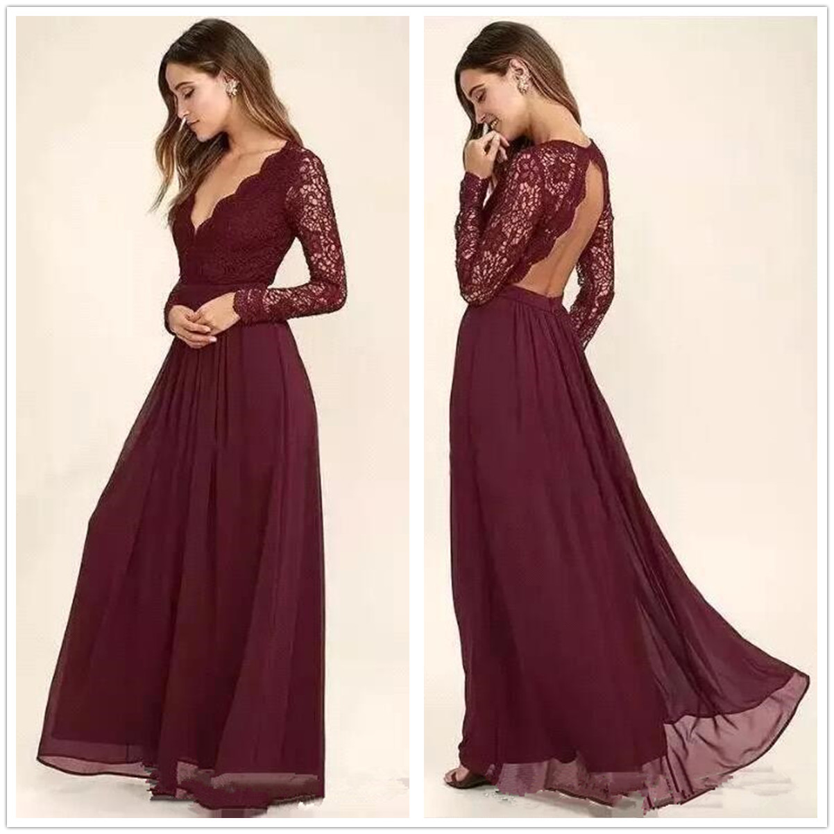 

2018 Burgundy V Neck Long Sleeves Chiffon Bridesmaids Dresses Lace Top Hollow Back Maid of Honor Wedding Guest Prom Party Dresses