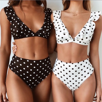 

Eur US Size Beach Bikinis Sexy Women Polka Dot Printed Swinwear Ruffle Side Push Up Swimsuit Summer Beach Wear, Black