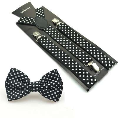 

New Women Men Unisex 2 Polka Dot Patterns Mix Suspender and Bowtie Set Y-Shape Dot Pattern Sets Office Casual Bowtie Set