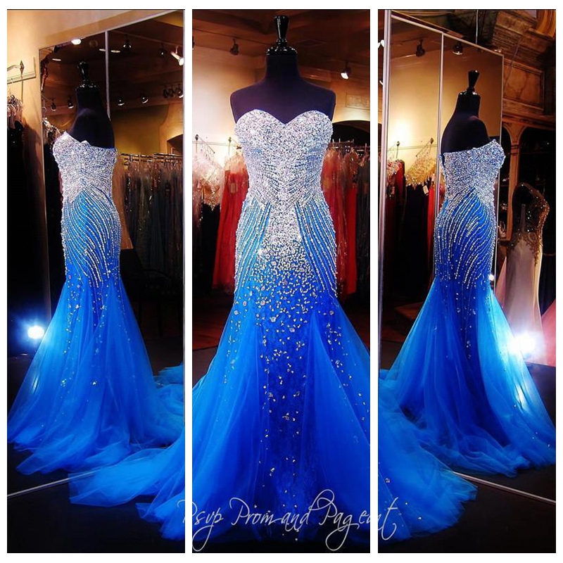 

2018 Custom Slim Blue Luxury Prom Dresses Bling Bling Sweetheart Full Beaded Crystals Sequins Tulle Backless Evening Wear Custom, Same as image