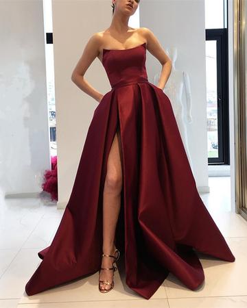 

High Slits Evening Gowns Long Strapless Ball Gowns Satin Open Back Ruched Dark Red Prom Formal Party Dress Cheap, White