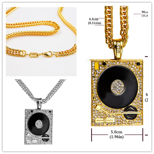 

unisex gift DJ Phonograph Big Pendant Necklace Men Jewelry Hiphop Chain Gold Silver Color Music Hip Hop Rock Rap Necklaces Mens Jewellery