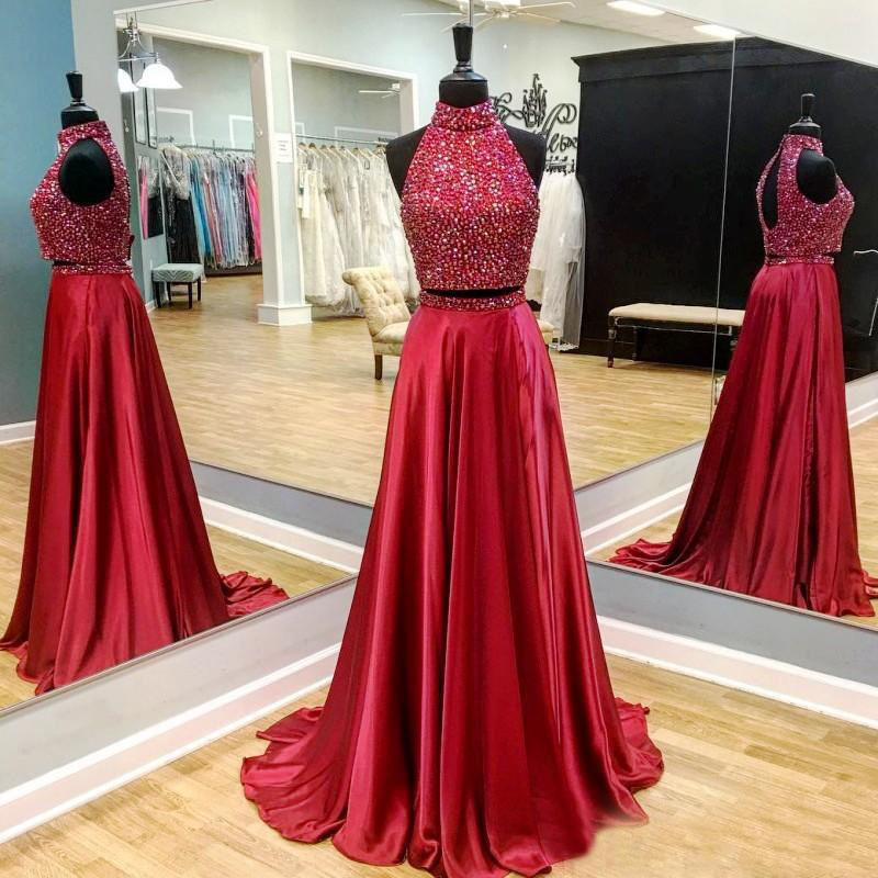 

New Halter Beaded Crystal Two Pieces Prom Dresses Red Long Prom Dress 2018 South Africa Backless Evening Party Gowns Homecoming Dresses, Yellow